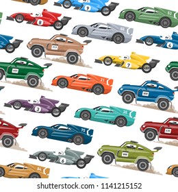 Sport speed automobile and offroad rally car colorful fast motor racing auto driver transport motorsport vector illustration seamless pattern background