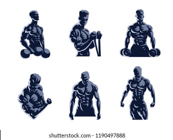 Sport. Sporty and athletic man. Muscular body. Set of Vector illustrations.