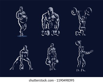 Sport. Sporty and athletic man. Muscular body. Set of Vector illustrations.