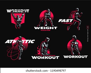 Sport. Sporty and athletic man. Muscular body. Set of Vector illustrations.