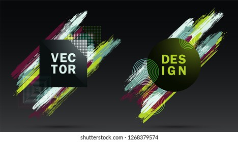 Sport Square and Circle Frames with Paint Brush Strokes Vector Set. Party poster templates. Frames with hipster painted brushstrokes. Templates for fashionable party adverts, posters.