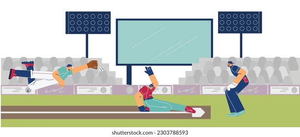 Sport stadium with baseball game players characters catching the ball, flat cartoon vector illustration. Baseball sport competition or tournament field background.