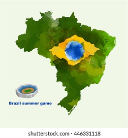  Sport stadium with Brazil flag designed in map with water color.Design for banner or poster in vector illustration