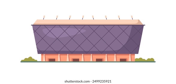 Sport stadium front view of flat cartoon arena, football field or tennis court. Vector city arena exterior illustration, building construction of soccer house or swimming pool, international arena