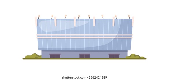 Sport stadium front view of flat cartoon arena, soccer house or swimming pool, front view. Vector illustration of football field or tennis court, city arena exterior, building construction