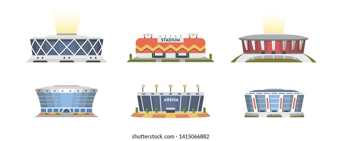 Sport stadium front view vector collection in cartoon style. City arena exterior illustration.