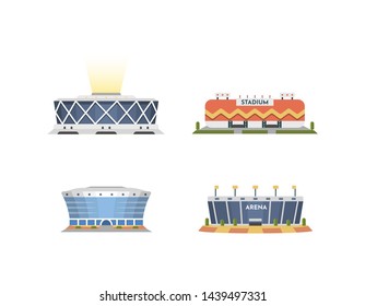 Sport stadium front view vector collection in cartoon style. City arena exterior illustration set.