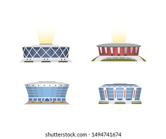 Sport stadium front view vector collection in cartoon style. City arena exterior illustration set.