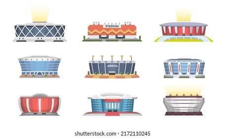 Sport stadium front view vector collection in cartoon style. City arena exterior illustration set. - Shutterstock ID 2172110245