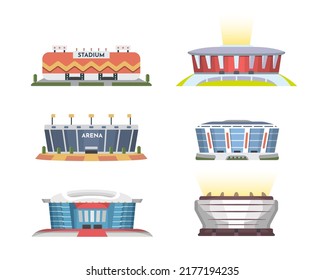 Sport Stadium Front View Vector Collection In Cartoon Style. City Arena Exterior Illustration Set.