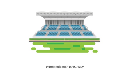 Sport stadium grandstand to cheering sport isolated on white background with soccer field in sunny day, public building vector illustration.