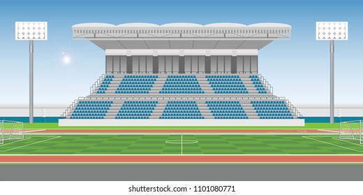 Sport stadium grandstand to cheering sport with soccer field in sunny day, public building vector illustration.