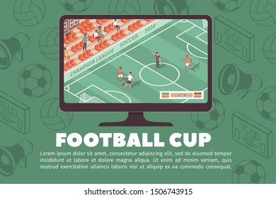 Sport stadium horizontal banner with editable text tv set showing soccer game with silhouette icons background vector illustration