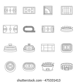 Sport stadium icons set in line style. Sport fields arena set collection. Outline stadium vector illustration isolated