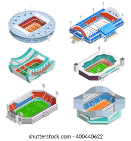 Sport stadium isometric icons set with football and hockey stadiums isolated vector illustration