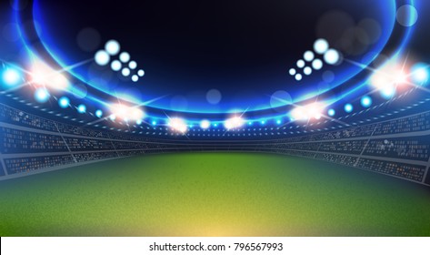 Sport Stadium With Lights And Tribunes Background Flat Vector Illustration