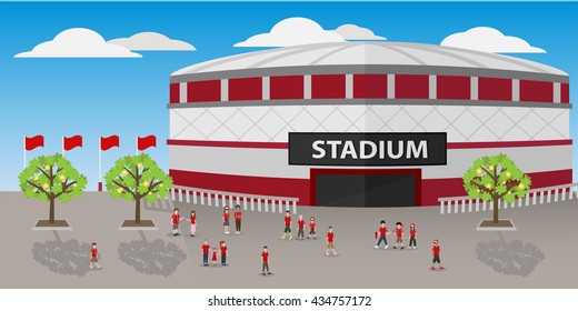 sport stadium of red team with some fans , outside view ,vector