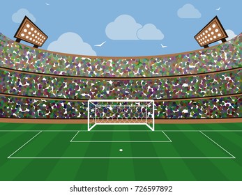 Sport stadium with soccer goal net, green grass, tribunes, fans and blue sky with cloud. Football arena. Flat style vector illustration.