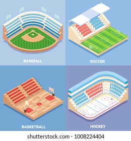 Sport stadium vector isometric icon set. Baseball, Soccer, Basketball and Hockey concept design elements. Outdoor sports venues for championships, training and matches.