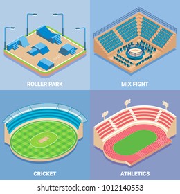 Sport Stadium Vector Isometric Icon Set. Roller Park, Mix Boxing, Cricket And Athletics Concept Design Elements. Outdoor Sports Venues For Championships, Training, Matches Etc.