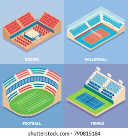 Sport stadium vector isometric icon set. Boxing, Volleyball, Football and Tennis concepts. Outdoor sports venues for championships, training with playing field, court, boxing ring and spectators area.