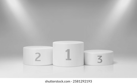 Sport stage podium, winner pedestal background. Sport competition position victory ceremony 3d realistic vector background with first, second and third place podiums illuminated spotlight beam