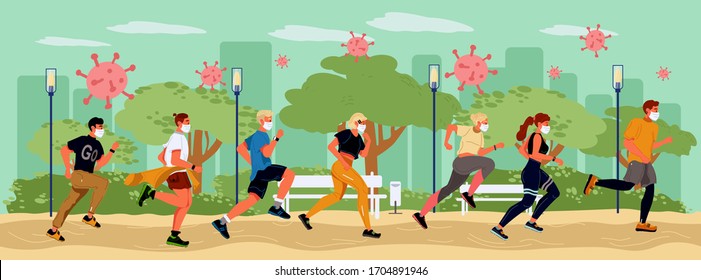 Sport stay health keep strong body to protect virus pandemic. People crowd in protective medical mask running. Coronavirus cells floating spreading city park. Stay healthy prevent infection movement