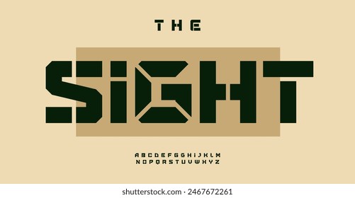 Sport stencil alphabet, heavy geometric letters, block strong font for powerful headline, military logo, urban graffiti, combat, industrial, futuristic tech, sport, shooter game, striking typeset