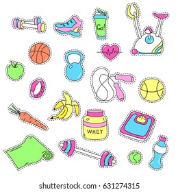 Sport stickers set. Hand drawn fitness patch badges. Gym equipment doodles for textile, embroidery and labels. Trendy set of sketchy workout and training stickers and pins. Sport tools, healthy food