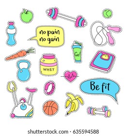 Sport stickers set. Hand drawn fitness patch badges. Gym equipment doodles for textile, embroidery and labels. Sneaker, sport watch, mat, scales, barbell, cycle, shaker, healthy food and quote bubbles