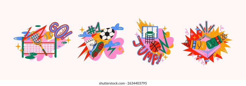 Adesivos desportivos definidos em estilo de desenho animado retrô. Treinamento e elementos de atividade: basquete, haltere, raquete de tênis, tênis. Ilustração em estilo funky, doodle, formas na moda definir