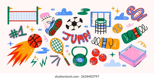 Sport stickers set in retro cartoon style. Training and activity elements: basketball, dumbbell, tennis racket, sneakers. Illustration in funky, doodle style, trendy shapes set