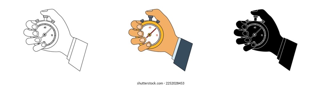 Sport stopwatch in male hand. Outline, colourful and silhouette vector flat illustration