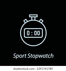 Sport stopwatch outline icon flat vector isolated on black background. Gym icon. Workout supply. Fitness equipments. Sport element.