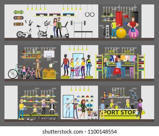 Sport store city building with customers and equipment.