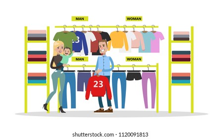 Sport store city building with customers and equipment.