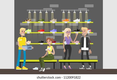 Sport store city building with customers and equipment.