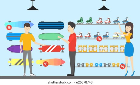 Sport store interior. Salespeople with visitors. Buying boards