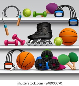 Sport store shelf with fitness equipment balls and rackets vector illustration