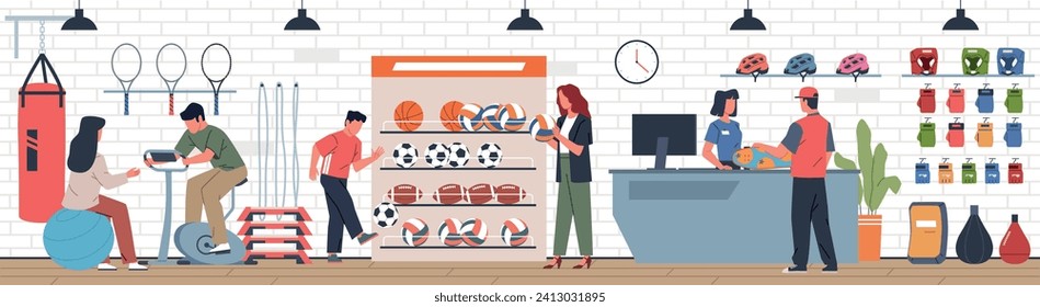 Sport store shopping. Mom chooses ball for young athlete. Seller at cashier. Man tries simulator. Guy buys skate. Shop shelves. Making purchases. Sportswear sale. Nowaday vector concept