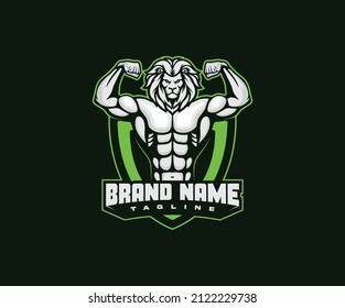 Sport strong bodybuilder lion, lion flexing bicep, illustration, logo for gym, fitness club
