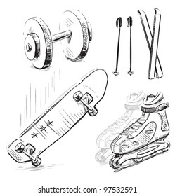 Sport stuff icon set. Hand drawing sketch vector objects  isolated on white background