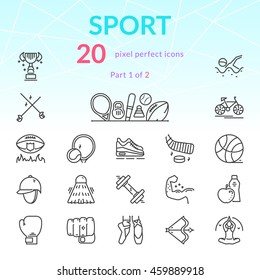 Sport stuff outline icon set of 20 thin modern and stylish icons. Part 1. Dark line version. EPS 10. Pixel perfect icons.