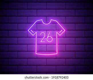 Sport style neon t-shirt. Sports shop advertisement design. Night bright neon sign, colorful billboard, light banner. Vector illustration in neon style isolated on brick wall