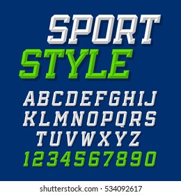 Sport style retro font on dark blue background. Alphabet and numbers.