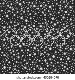 Sport style silver falling stars shining background. Olympic rings. Vector illustration