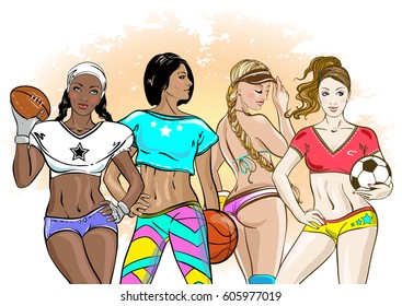 Sport style women set: young beautiful athletic girls team. Sport girls. Vector art design. Print, poster, patch, sticker design.