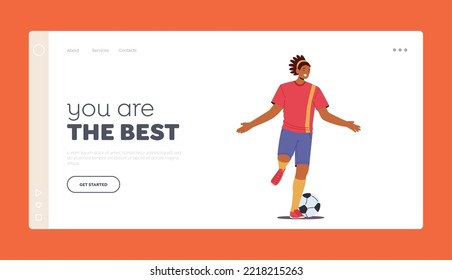 Sport Success Landing Page Template. Happy Black Sportsman Soccer Player Win, Celebrate Victory and Goal. Male Character In Red Football Sportswear Run with Ball. Cartoon People Vector Illustration