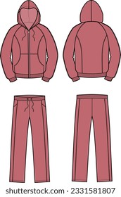 Sport suit flat sketch. Hooded zip up jacket and pants apparel design. Front back. Men CAD mockup. Technical drawing template. Vector illustration.