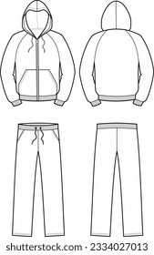 Sport suit flat sketch. Hooded zip up jacket and pants apparel design. Front back. Men CAD mockup. Technical drawing template. Vector illustration.